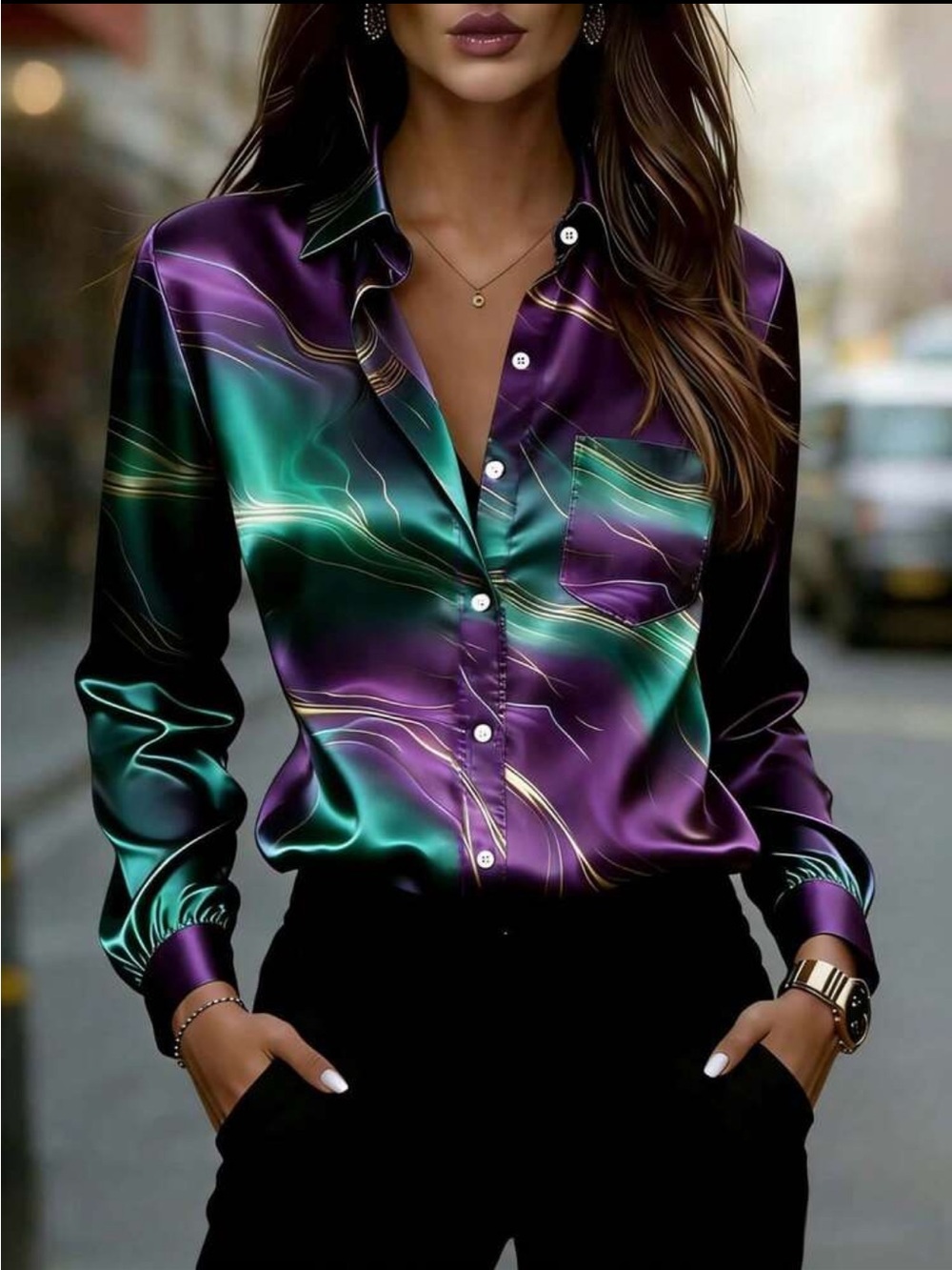 Satin Abstract Wave Print Button Up Down Shirt Top Blouse